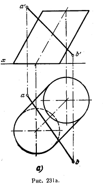 Рис 231.Пересечение поверхности плоскостью и прямой линией