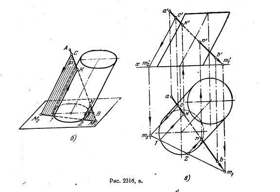 Рис 231.Пересечение поверхности плоскостью и прямой линией