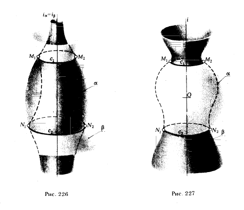 Рис 226-227.Построение линии пересечения поверхностей с помощью семейства вспомогательных сферических поверхностей