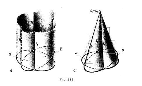 Рис 233.Построение линии пересечения поверхностей второго порядка (частные случаи)