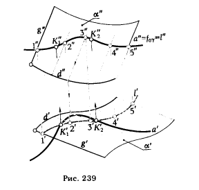 Рис 239.Определение точек пересечения линии с поверхностью