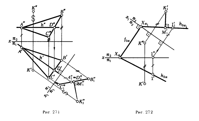 Рис 271-272.Определение расстояния между точкой и плоскостью, прямой и плоскостью,между плоскостями и скрещивающимися прямыми