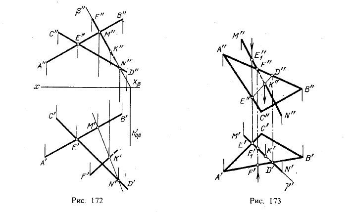 Рис 172-173.Пересечение прямой линии с плоскостью общего положения