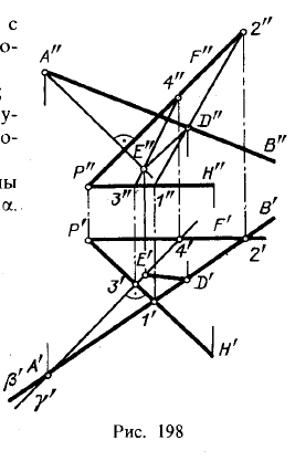 Рис 198.Построение проекций угла между прямой и плоскостью и между двумя плоскостями