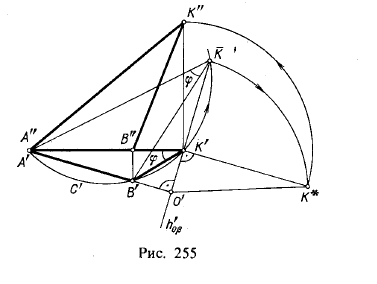 Рис 255.Примеры решения задач с применением способов перемены плоскостей проекций и вращения