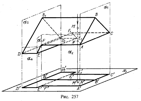 Рис 257.Построение проекций многогранников