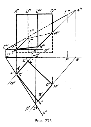 Рис 273.Пересечение призм и пирамид плоскостью и прямой линией