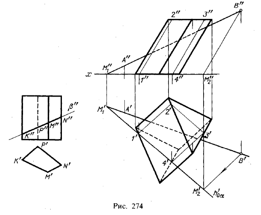 Рис 274.Пересечение призм и пирамид плоскостью и прямой линией