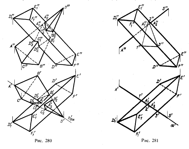 Рис 280-281.Пересечение одной многогранной поверхности другою