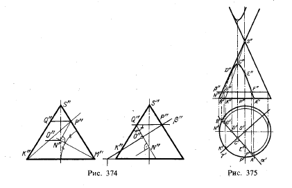 Рис 374-375.Пересечение конической поверхности плоскостью. Построение развертки