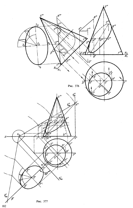 Рис 376-377.Пересечение конической поверхности плоскостью. Построение развертки