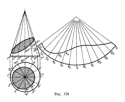 Рис 378.Пересечение конической поверхности плоскостью. Построение развертки