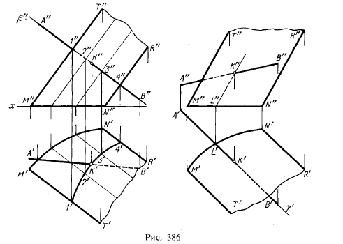 Рис 386.Пересечение кривых поверхностей прямой линией