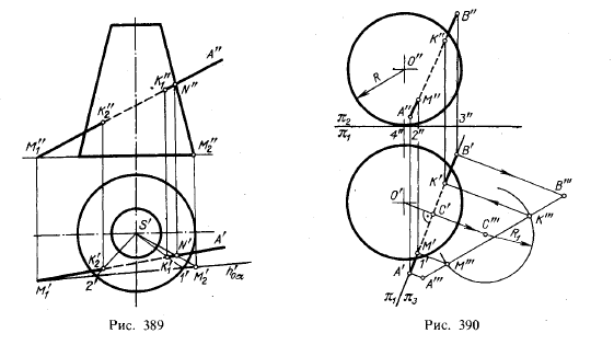 Рис 389-390.Пересечение кривых поверхностей прямой линией