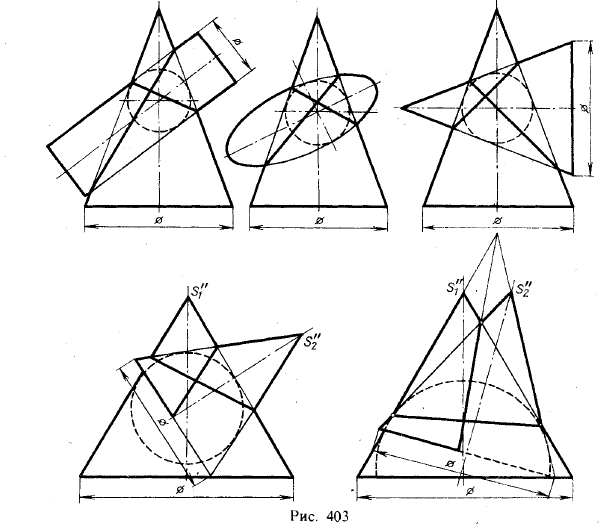 Рис 403.Некоторые особые случаи пересечения одной поверхности другою