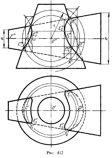 Рис 412.Некоторые особые случаи пересечения одной поверхности другою
