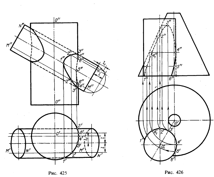 Рис 425-426.Примеры построения линий пересечения одной поверхности другою