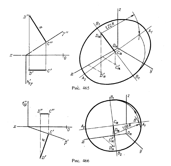 Рис 465-466.Прямоугольные аксонометрические проекции.Коэффициенты искажения и углы между осями